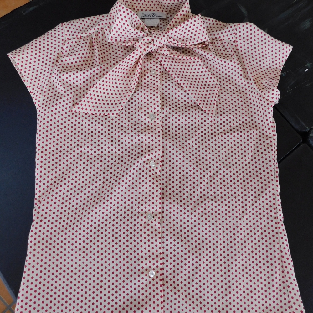 VINTAGE - Red Polka Dot Blouse with Bow